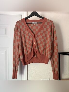 BEKLINA rust tan checker cashmere wool silk blend button up cardigan sweater